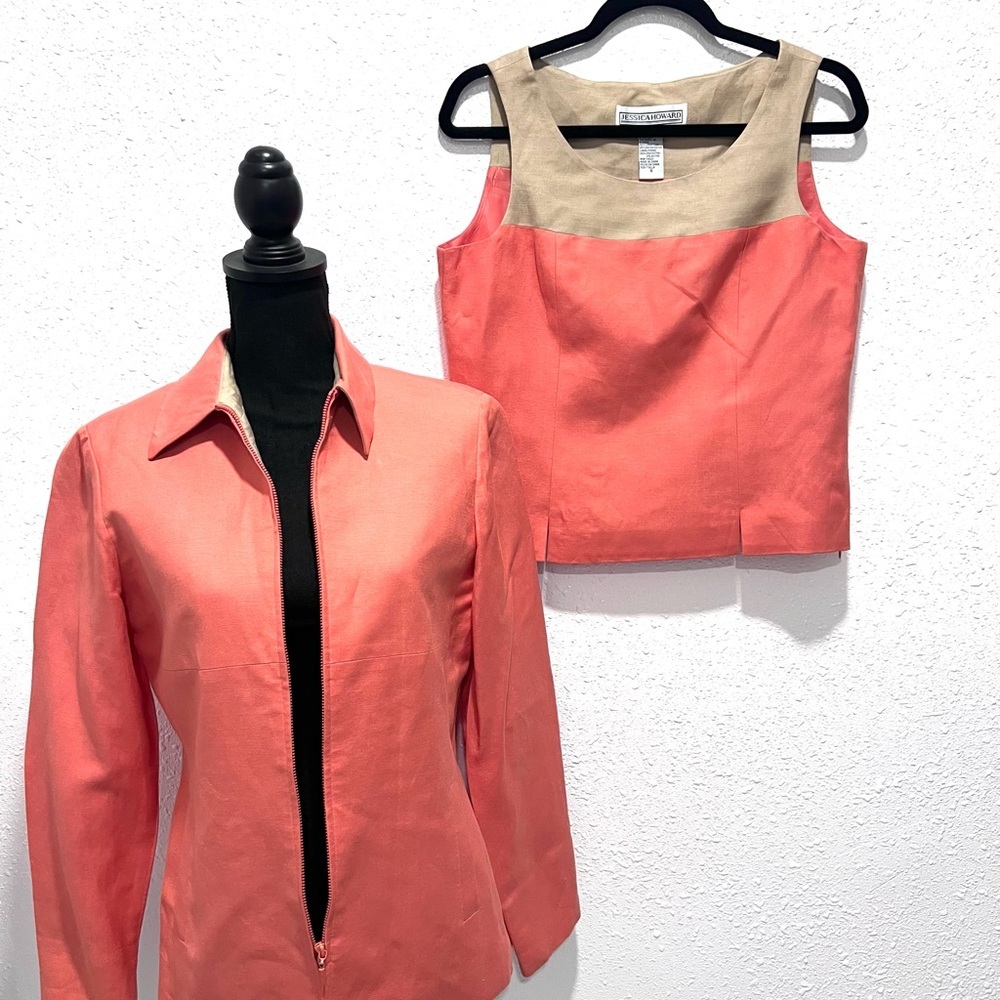 Jessica Howard linen‎ Beige and Coral Blouse/blazer Set 6
